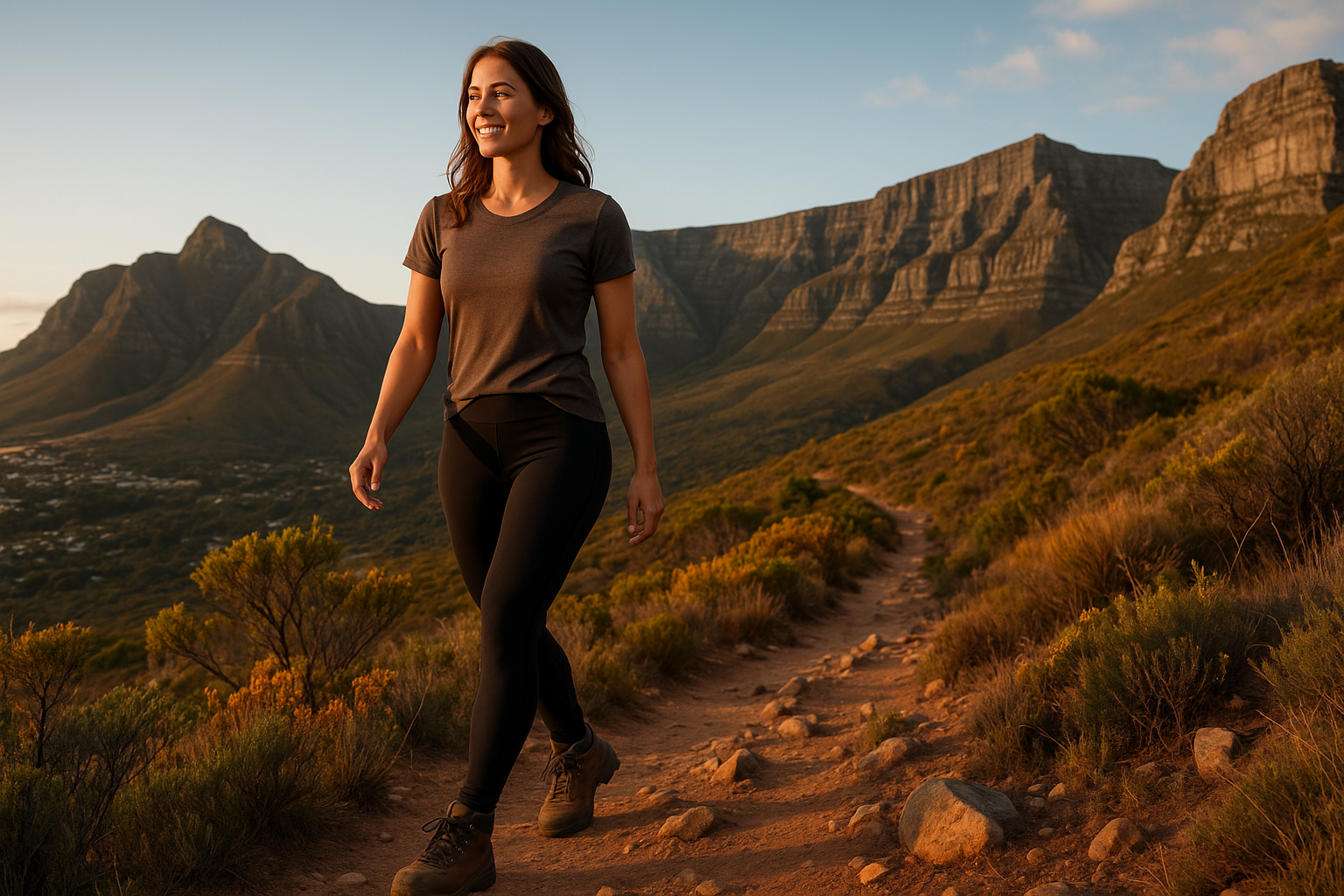 woman hiking in western cape mountains in cotton Lycra black leggings 